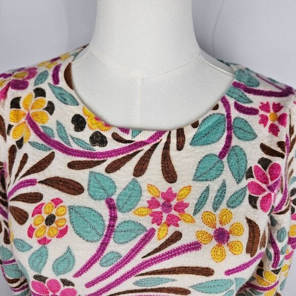 Talbots Boho Floral Merino Wool Puff Sleeve Sweater Medium Pink Blue Colorful - Picture 4 of 10